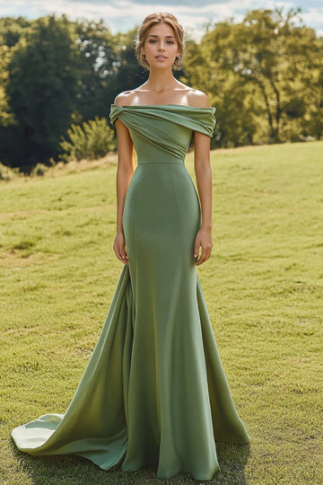Szałwia Slim Off The Shoulder Drapped Neck Długa Fishtail Formalna Sukienka Z Szerokim Obszyciem